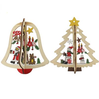 China New Creative Wood Hollow Christmas Decor Christmas Tree Hanging Five-pointed Star Christmas Tree Bells Hanging Decorations for sale