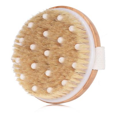 China All Natural Short Round Small Round Shower Scrubber Body Back Bamboo Wood Wash Sweep Exfoliator Short Handle Bamboo Wood Brushes for sale