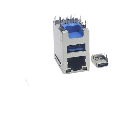 China 3.0 vrouwelijke USB-printplaatconnector Gestapelde USB C-connector met RJ45 Te koop