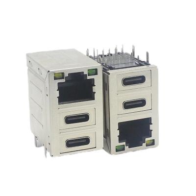 중국 STD 이중 유형 C 암 스택 USB 커넥터 콤보 마이크로 USB PCB 마운트 RJ45 W/Leds 판매용