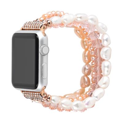 China Elastic Artificial Pearl Wrist Wrist Apple Charm Watch Bands For Girls Bracelet For Apple Watch Band for sale