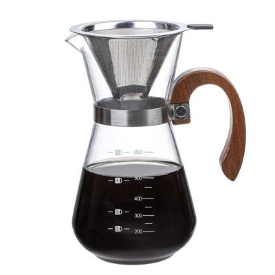 China Sustainable Wholesale Heat Resistant High Borosilicate Glass Coffee Pot 600ml With Side Wooden Handle for sale