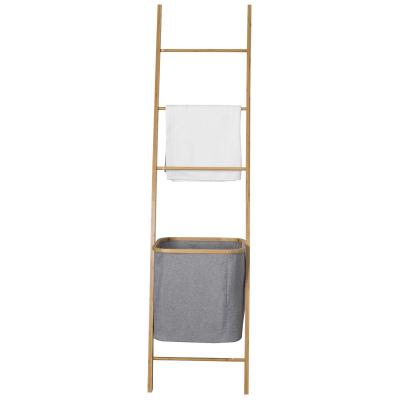 China Wholesale Foldable Standing Basket Bamboo and Cloth Storage Ladder Laundry Storage Environmental Material for Bathroom for sale