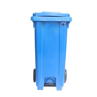 China Sustainable Outdoor Plastic Trash Can 120L Foot Pedal Waste Bin With Cover And Wheels for sale