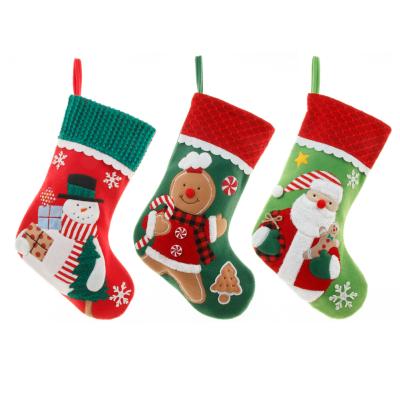 China Wholesale High Quality Red Green Custom Fabric Embroidered Santa Snowman Gingerbread Man Christmas Stockings Bulk for sale