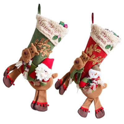 China Hot Christmas Snowman Santa Snowman Plush Sale Deer Riding Socks With Legs Children's Gift Bag Xmas Stockings for sale