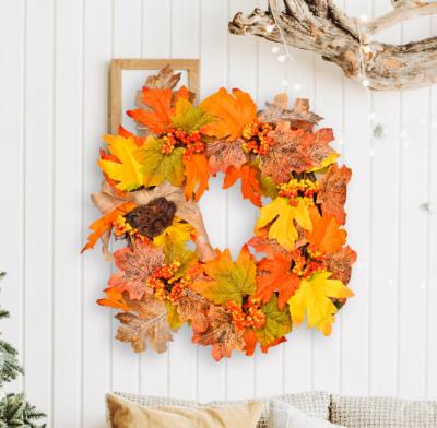 China Events Decoration Christmas Sunflower Wreath Simulation Maple Leaf Wreath Fall Harvest Thanksgiving Door Artificial Flower Decorative Wreath for sale