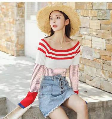 China Word collar shoulder horn sleeve blouse female breathable Korean wind a long thin short thin bottom sweater female 2021 summer style for sale