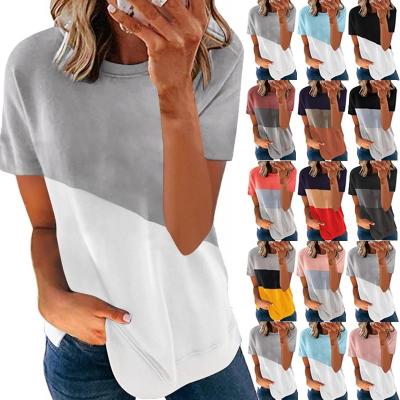 China Newest Design Clash Color Patchwork Plus Size Short Sleeve Ladies Casual T-shirts Round Collar Full T-shirt Women's Blouse for sale