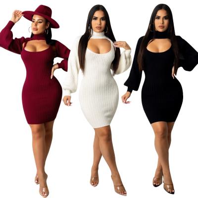 China Autumn Women's Long Sleeve Sweater Mini Knitted Dresses Slim O-neck 2021 Anti-Static Dress for sale