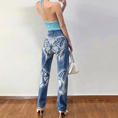 China Free Sample Breathable Women Printing Butterfly Jeans Girl Fashion Straight Denim Pants Plus Size Pants And Jeans for sale