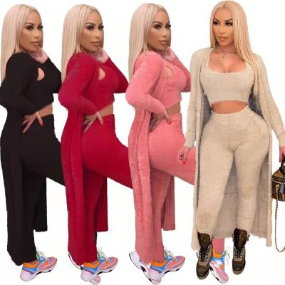 China Wholesale Breathable Clothing Sets Ladies Teddy Sweater V-Neck Vest Pants Girl's Strapless Suit Jogger 3 Piece Sets for sale