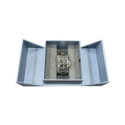 China Magnet Recyclable High Quality Luxury Blue Leather Double Door Box Cardboard Custom Logo For Mechanical Watch Jewelry Box With Insert for sale