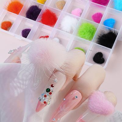 China Shape and Charm New Mixed Box of Plush Ball Peach Heart Poms Set Soft Fluffy Pom 3D Removable Magnetic Nail Art Winter Decorations for sale