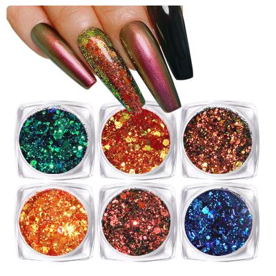 China UV Gel Nail Design Decorations 6Pcs Nail Powder Set Chameleon Glitter Nail Glitter UV Acrylic Glow in the Dark Luminous Nail Art Dust Chrome Pigment for sale