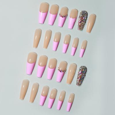 China New Design Eco-Friendly Press On Nails Gradient Effect Full Sequin Rhinestones Ballerina Blooming French Nail Tips Long Extension Nails for sale