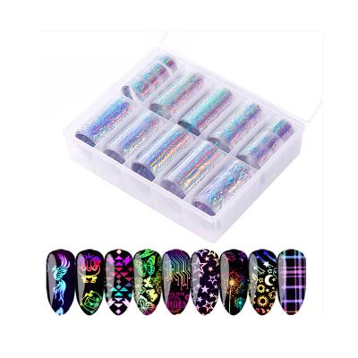 China Holographic Nail Foil Set Aurora Nail Art Foils Decal Stickers Panda Butterfly Laser Nail Transfer Holographic Decoration 10Roll Nail Foil Flame Gear Wheel for sale