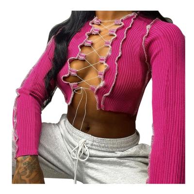 China 2020 Hot Sale Breathable Ladies Casual Tie Hollow Out Women Autumn Long Sleeve Tops For T-shirt Blouse for sale