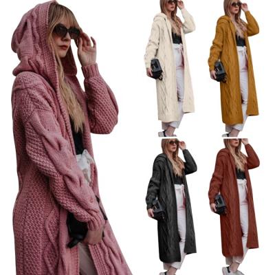 China Anti-Wrinkle Vintage Loose Long Sleeve Hooded Winter Knitted Women Long Cardigan Sweater Coat for sale