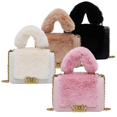 China Women Ladies Fashion Metal Lock Fluffy Handbags Totes Chain Fur Cross - Body Fluffy Handbag for sale