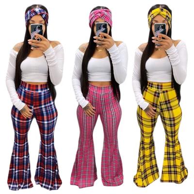 China Anti-pilling Anti-pilling Long Sleeve Top Scarf High Waist Stripe Plaid Flare Pants Three Piece Set Women Clothing for sale