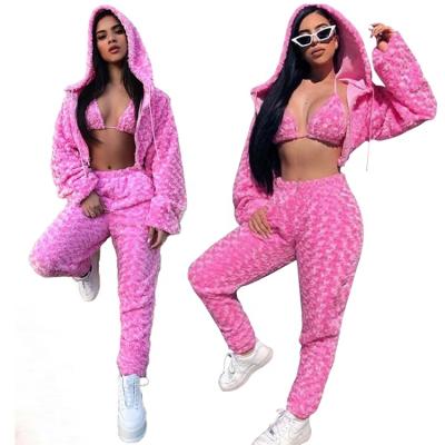 China Anti-Wrinkle Autumn Winter Clothing Plush Anti-Wrinkle Sweat Suits Tracksuits Women Three Piece Pants Set for sale