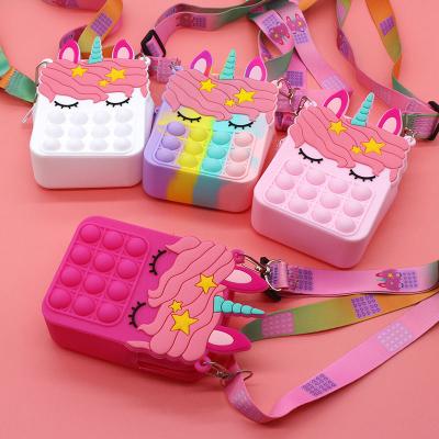 China Fashion Silicone Kids Bag Cute Preschoolers Children Cartoon Shaped Strawberry Pineapple Push Pop Bubble Unicorn Coin Purse for sale