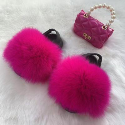 China Wholesale Fashion Raccoon Faux Fox Fur Slippers Full Slips With Purse Set For Child Cartoon Fur Kids Indoor Slippers And Matching Purse for sale