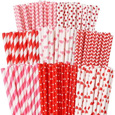 China Eco Friendly Disposable Valentine's Day Paper Stock Biodegradable Straws Red and Pink Biodegradable Drinking Hearts Stripe Two Tone Stripe Dot Chevron Straw for sale