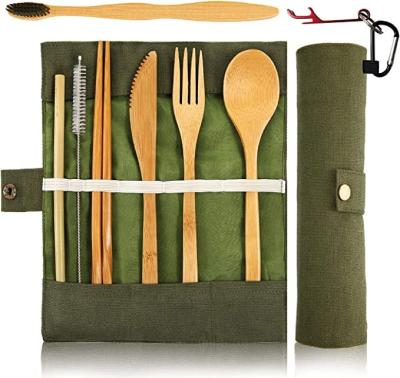 China Sustainable Utensils Cutlery Set Travel Reusable Cutlery Set Eco-Friendly Wood Outdoor Bamboo Brush Spoon Spoon Chopstick Knife for sale