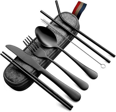 China Sustainable Portable Utensils Travel Cutlery Set 8Piece Including Knife Fork Spoon Chopsticks Brush Straws Stainless Steel Flatware Set for sale