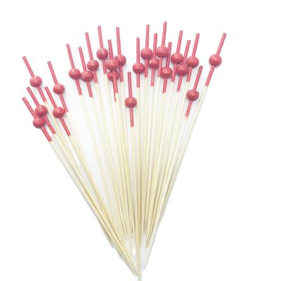 China Party Restaurant Picnic Disposable Bamboo Skewers Picks Sticks with Red Bead and Red Dipped End for Fruit Snack Appetizer BBQ Party Supplies Toothpicks for sale