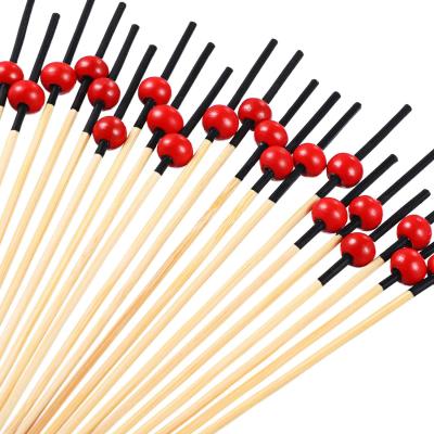 China Party Restaurant Picnic Eco-Friendly Disposable Bamboo Red Bead Spits Picks For Fruit Snack Appetizer BBQ Party Supplies Sticks Toothpicks for sale