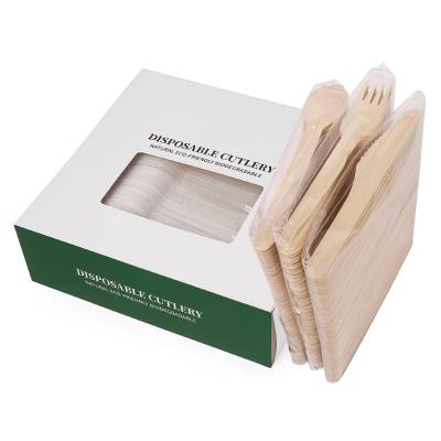 China Party Restaurant Picnic Disposable Wooden Cutlery Set Cutlery Biodegradable Compostable Wooden Window Box Packed Parties Weddings, Camping for sale