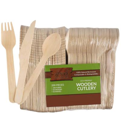 China Disposable Wood Wooden Utensils 100% Natural Biodegradable Birch Party Restaurant Picnic Cutlery Eco-Friendly Compostable Cutlery Set 6.5inches for sale