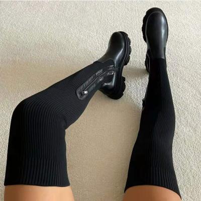 China Round Street Fashion Knit Chunky Thigh Boots Personality Pattern Over The Knee Flat Platform Boots For Women for sale