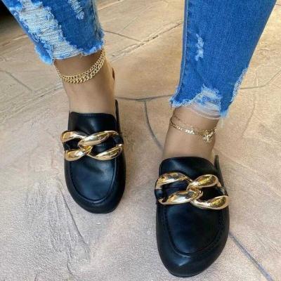 China Brand Design Luxury Round Head Gold Casual Round Chain Beaded Leather Flat Sandals Banquet Outdoor Sports Shoes for sale