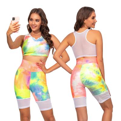 China Breathable Tube Top Bra Tie Dye Yoga Pants Workouts Stretch 2 Pieces Yoga Sports Short Gaiters Two Piece Set for sale