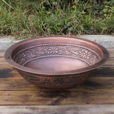 China Traditional Hotel Villas Handmade Round Wash Basin / Bathroom Copper Sink With Embossed Pattern Design for sale