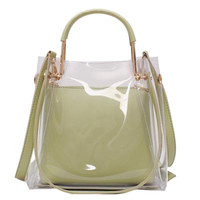 China Fashion Ladies Solid Color PVC Transparent Clear Candy Jelly Bags Metal Handle Handbag 2 in 1 Bucket Set Bag for sale