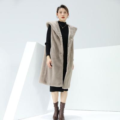 China 2022 Fashion Long Faux Rex Rabbit Fur Thick Warm Khaki Women Ladies Winter Polyester Sleeveless Coats Invest For Hooded for sale