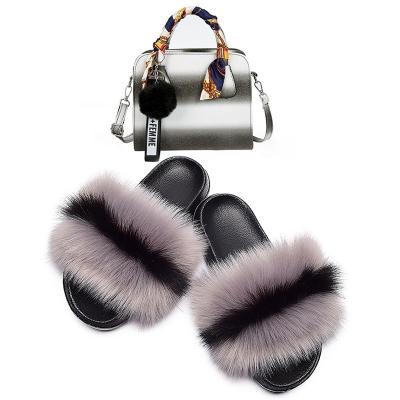 China High Quality Faux Fur Gray Black Fur Slippers Slides And Purse Hairy Fluffy Set For Women Ladies for sale