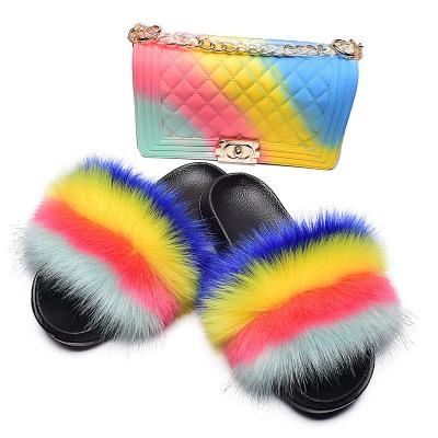 China High Quality Faux Fur Rainbow Dye Link Fur Private Label Slippers Slides And Purse Furry Fluffy Set For Women Ladies for sale