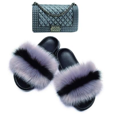 China 2022 Fur Fashion New Design Multi Colors Faux Fur Furry Fluffy Slippers Slides And Handbag Set For Women Ladies for sale