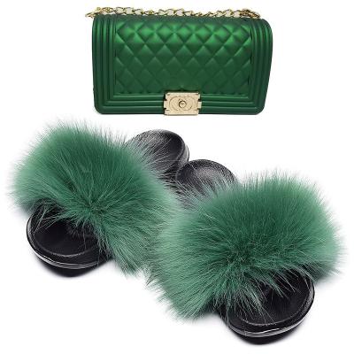 China Wholesale 2022 Green Faux Fur Hairy Furry Winter Slides Slippers Indoor Sandals With Purse Bags Set for sale