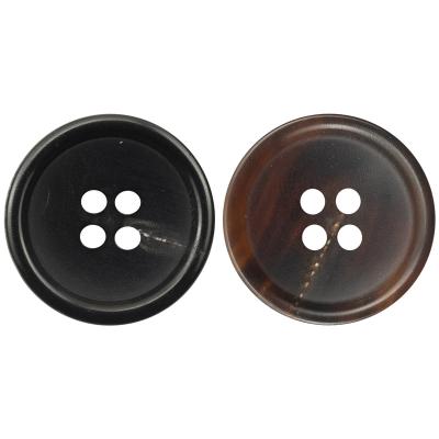 China Sustainable Round Rim Classic Bowl Shape Genuine Horn Buttons For Clothing All Sizes Sleeve Suit Front 4 Hole Dark Brown Button for sale