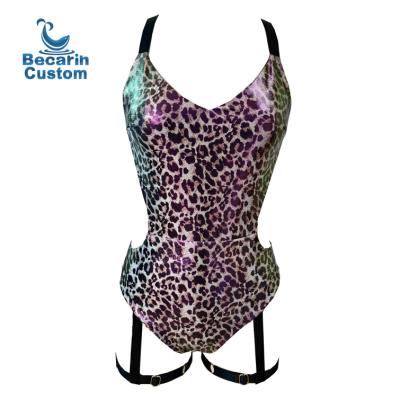 China Custom Sexy Shiny Cross Antibacterial Leopard Garter Jumpsuit Back Scrunched Bum Pole Dance Wear Nightclub Costume for sale