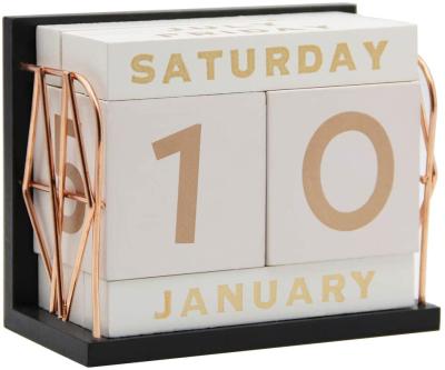 China 100% Eco-Friendly Vintage Wooden Block Perpetual Calendar Desk Accessory Shabby Rustic Chic Numbers, Golden for sale