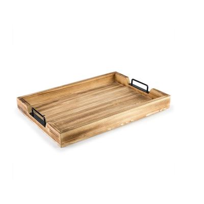 China Eco-friendly Wooden Serving Tray Food Coffee Trays Rectangle Sourcing Solid With Gold Handles for sale