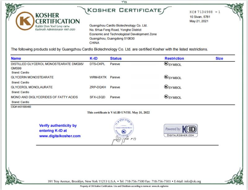 KOSHER CERTIFICATE - GUANGDONG CARDLO BIOTECHNOLOGY CO., LTD.